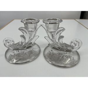 Vintage Set‎ Of 2 Crystal Clear Glass Baroque Candle Holder Single Light Silver